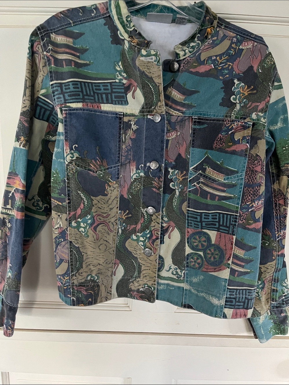 Chicoās Design Dragon Asian Print Cotton Jacket Size 1 Boho Art to Wear